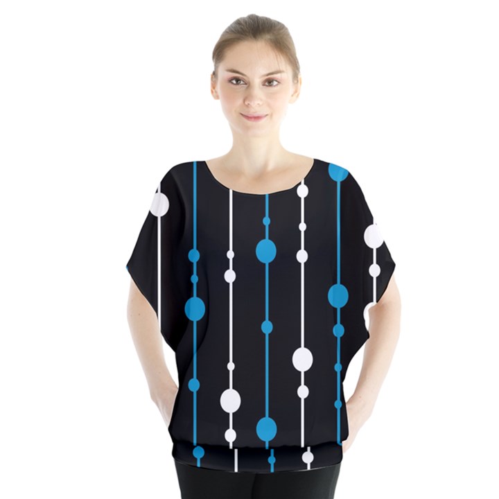 Blue, white and black pattern Batwing Chiffon Blouse