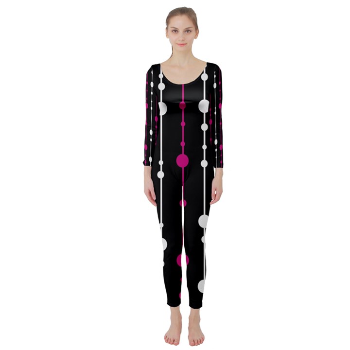 Magenta white and black pattern Long Sleeve Catsuit