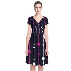 Magenta White And Black Pattern Short Sleeve Front Wrap Dress by Valentinaart