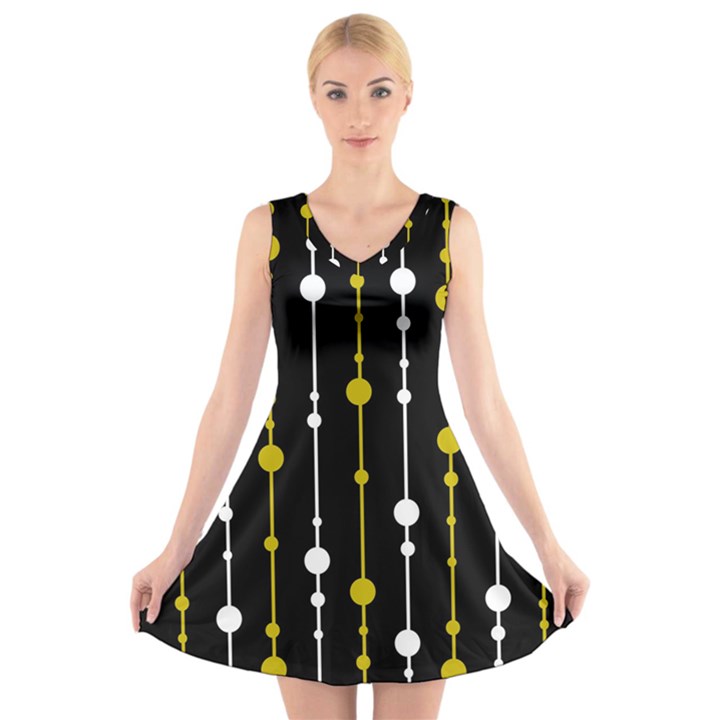 yellow, black and white pattern V-Neck Sleeveless Skater Dress