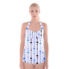 Blue, White And Black Pattern Boyleg Halter Swimsuit 