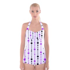 Purple, White And Black Pattern Boyleg Halter Swimsuit  by Valentinaart