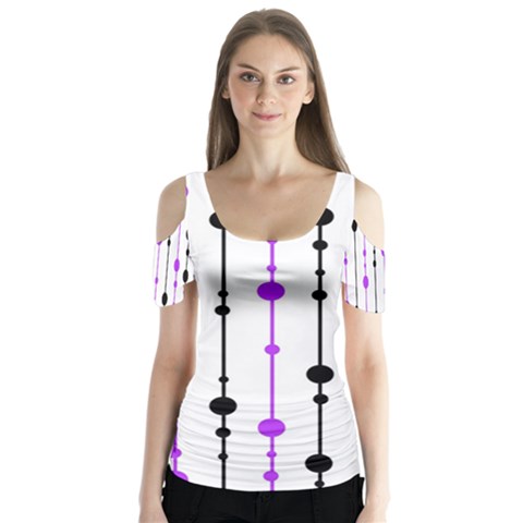 Purple, White And Black Pattern Butterfly Sleeve Cutout Tee  by Valentinaart