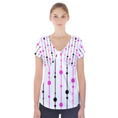 Magenta, Black And White Pattern Short Sleeve Front Detail Top