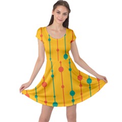 Yellow, Green And Red Pattern Cap Sleeve Dresses