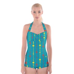 Green, Yellow And Red Pattern Boyleg Halter Swimsuit 