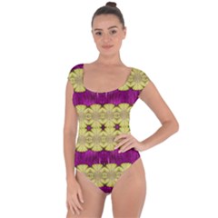  Purple Gold Floral And Paradise Bloom Short Sleeve Leotard 