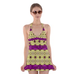  Purple Gold Floral And Paradise Bloom Halter Swimsuit Dress by pepitasart