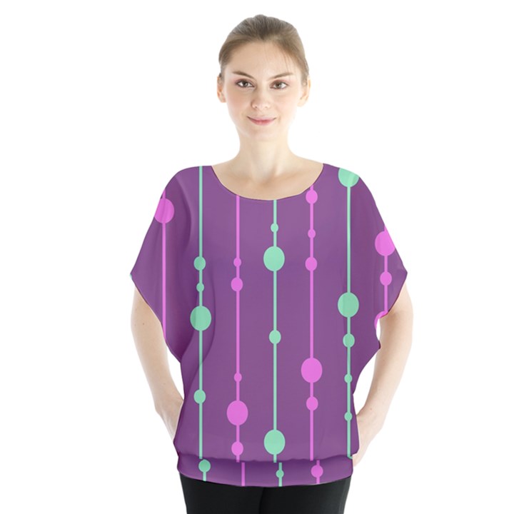 Purple and green pattern Batwing Chiffon Blouse