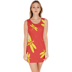 Red And Yellow Dragonflies Pattern Sleeveless Bodycon Dress