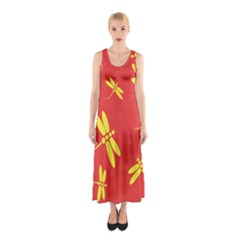 Red And Yellow Dragonflies Pattern Sleeveless Maxi Dress