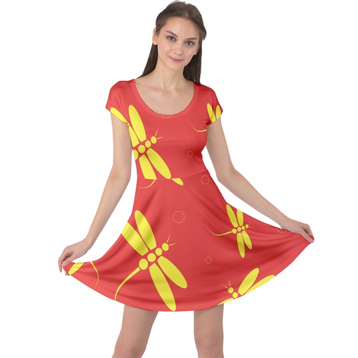 Red and yellow dragonflies pattern Cap Sleeve Dresses