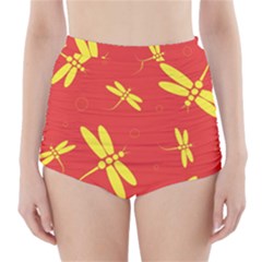 Red And Yellow Dragonflies Pattern High-waisted Bikini Bottoms by Valentinaart