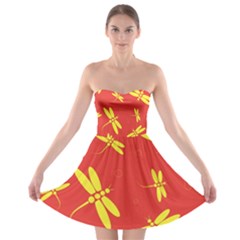 Red And Yellow Dragonflies Pattern Strapless Dresses by Valentinaart