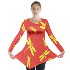 Red And Yellow Dragonflies Pattern Long Sleeve Tunic 