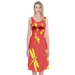 Red And Yellow Dragonflies Pattern Midi Sleeveless Dress