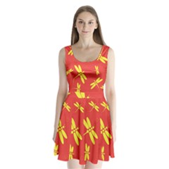 Red And Yellow Dragonflies Pattern Split Back Mini Dress 