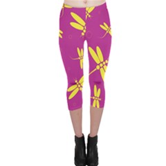 Purple And Yellow Dragonflies Pattern Capri Leggings  by Valentinaart