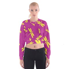 Purple And Yellow Dragonflies Pattern Women s Cropped Sweatshirt