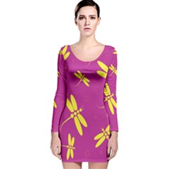 Purple And Yellow Dragonflies Pattern Long Sleeve Velvet Bodycon Dress