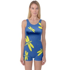 Blue And Yellow Dragonflies Pattern One Piece Boyleg Swimsuit by Valentinaart