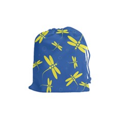 Blue And Yellow Dragonflies Pattern Drawstring Pouches (medium)  by Valentinaart