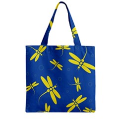 Blue And Yellow Dragonflies Pattern Zipper Grocery Tote Bag by Valentinaart