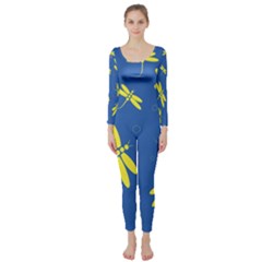 Blue And Yellow Dragonflies Pattern Long Sleeve Catsuit by Valentinaart