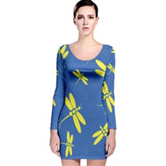 Blue And Yellow Dragonflies Pattern Long Sleeve Velvet Bodycon Dress