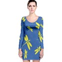 Blue and yellow dragonflies pattern Long Sleeve Velvet Bodycon Dress View1