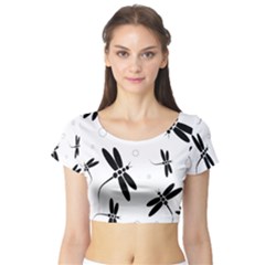 Black And White Dragonflies Short Sleeve Crop Top (tight Fit) by Valentinaart