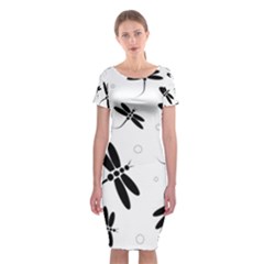 Black And White Dragonflies Classic Short Sleeve Midi Dress