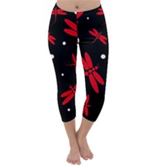 Red, Black And White Dragonflies Capri Winter Leggings  by Valentinaart