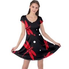 Red, Black And White Dragonflies Cap Sleeve Dresses