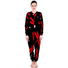 Red, Black And White Dragonflies Onepiece Jumpsuit (ladies)  by Valentinaart