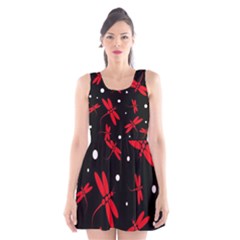 Red, Black And White Dragonflies Scoop Neck Skater Dress by Valentinaart