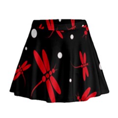 Red, Black And White Dragonflies Mini Flare Skirt