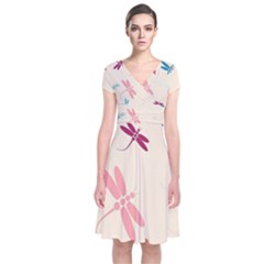 Pastel Dragonflies  Short Sleeve Front Wrap Dress by Valentinaart