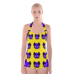 Blue And Yellow Fireflies Boyleg Halter Swimsuit 