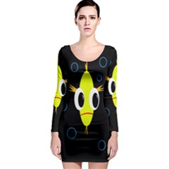 Yellow Fish Long Sleeve Bodycon Dress by Valentinaart