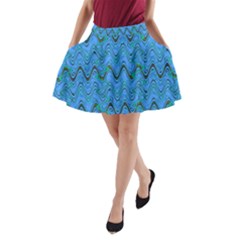 Blue Wavy Squiggles A-line Pocket Skirt