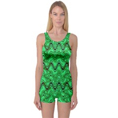 Green Wavy Squiggles One Piece Boyleg Swimsuit