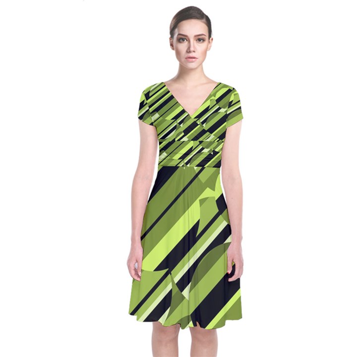 Green pattern Short Sleeve Front Wrap Dress