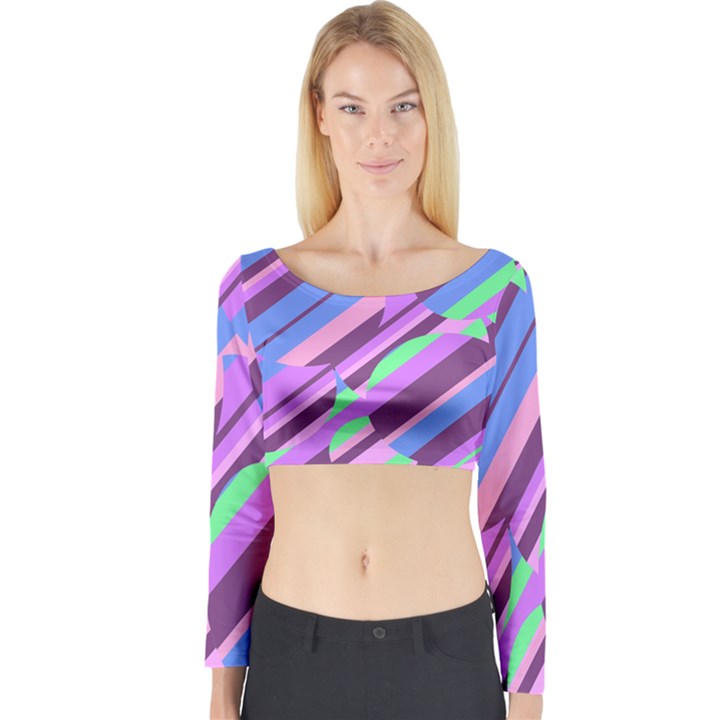 Pink, purple and green pattern Long Sleeve Crop Top