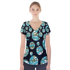 Decorative Blue Abstract Design Short Sleeve Front Detail Top by Valentinaart