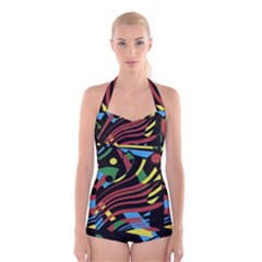 Colorful Decorative Abstrat Design Boyleg Halter Swimsuit  by Valentinaart