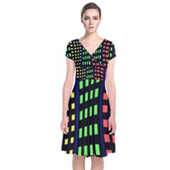 Colorful Abstract City Landscape Short Sleeve Front Wrap Dress by Valentinaart