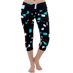 Blue, Black And White Pattern Capri Yoga Leggings by Valentinaart