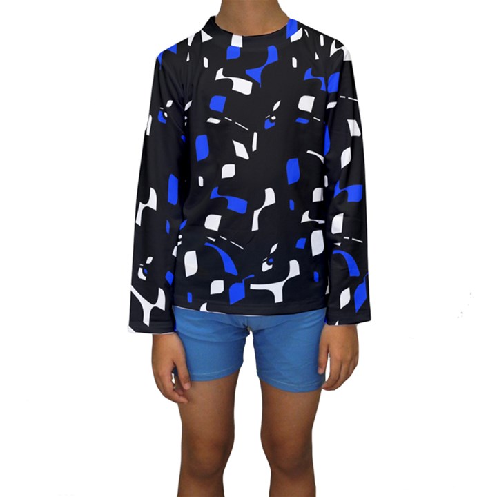 Blue, black and white  pattern Kid s Long Sleeve Swimwear