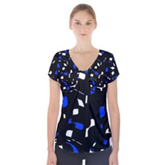 Blue, Black And White  Pattern Short Sleeve Front Detail Top